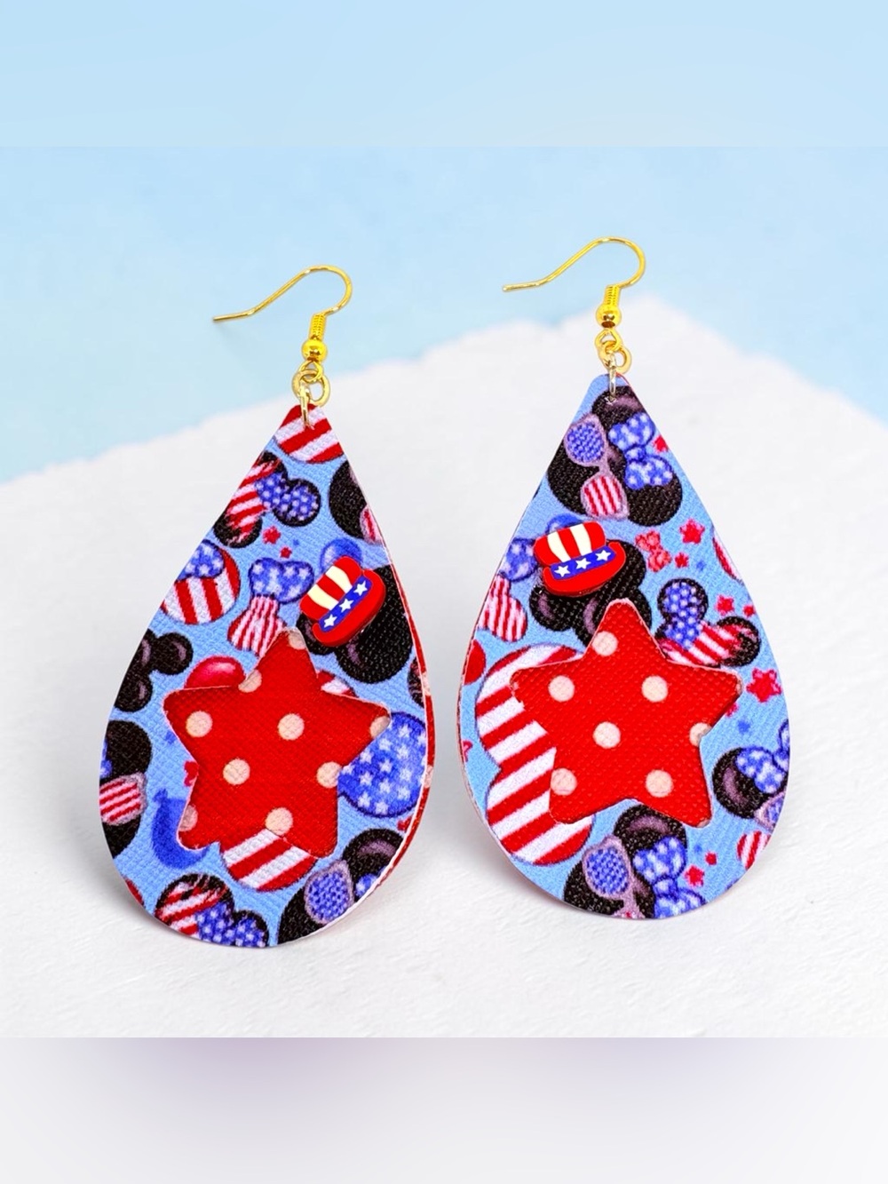 Patriotic Red Star Teardrop Faux Leather Earrings